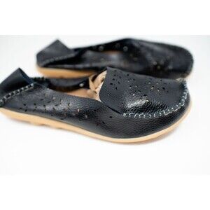 Socofy Black Leather Slip On Shoes Size 43 (12.5) eyelet flats loafer comfort